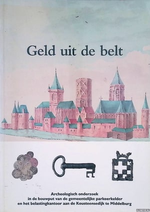 Vooromslag Geld uit de belt met een getekend gebouwencomplex, munten, een sleutel en een schildvormig motief.